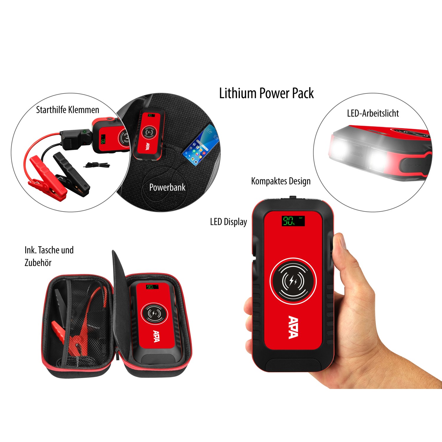 Apa Schnellstartsystem Lithium Powerpack 16.000 mAh Rot mit Starthilfekabel, Tasche und LED-Leuchte.