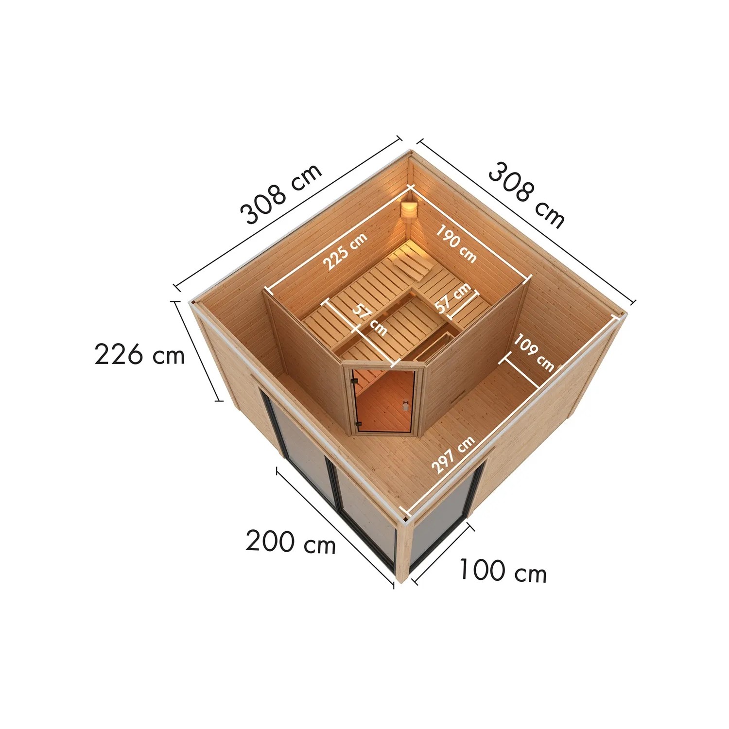 Karibu Saunahaus Cubulis 1: Draufsicht mit Maßen von Saunabereich und Außenwänden.