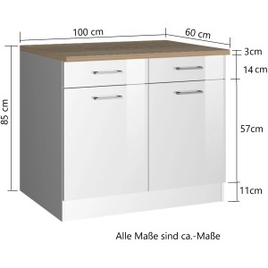 Held Möbel Küchenunterschrank Mailand, 100 cm, Graphit/Graphit Hochglanz mit Schubladen und Türen.