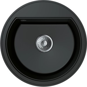 Runde, schwarze Miló Einbauspüle Olli 51 aus Granitverbundstoff mit Abfluss.