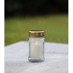 Weiße FlowerPower Iglesia Grablampe aus Glas mit Golddeckel, Ø 7 cm.