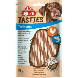8in1 Hunde-Natursnacks Hähnchen & Kabeljau Twisters, 85g. Getrocknete Hundesnacks ohne Zuckerzusatz.
