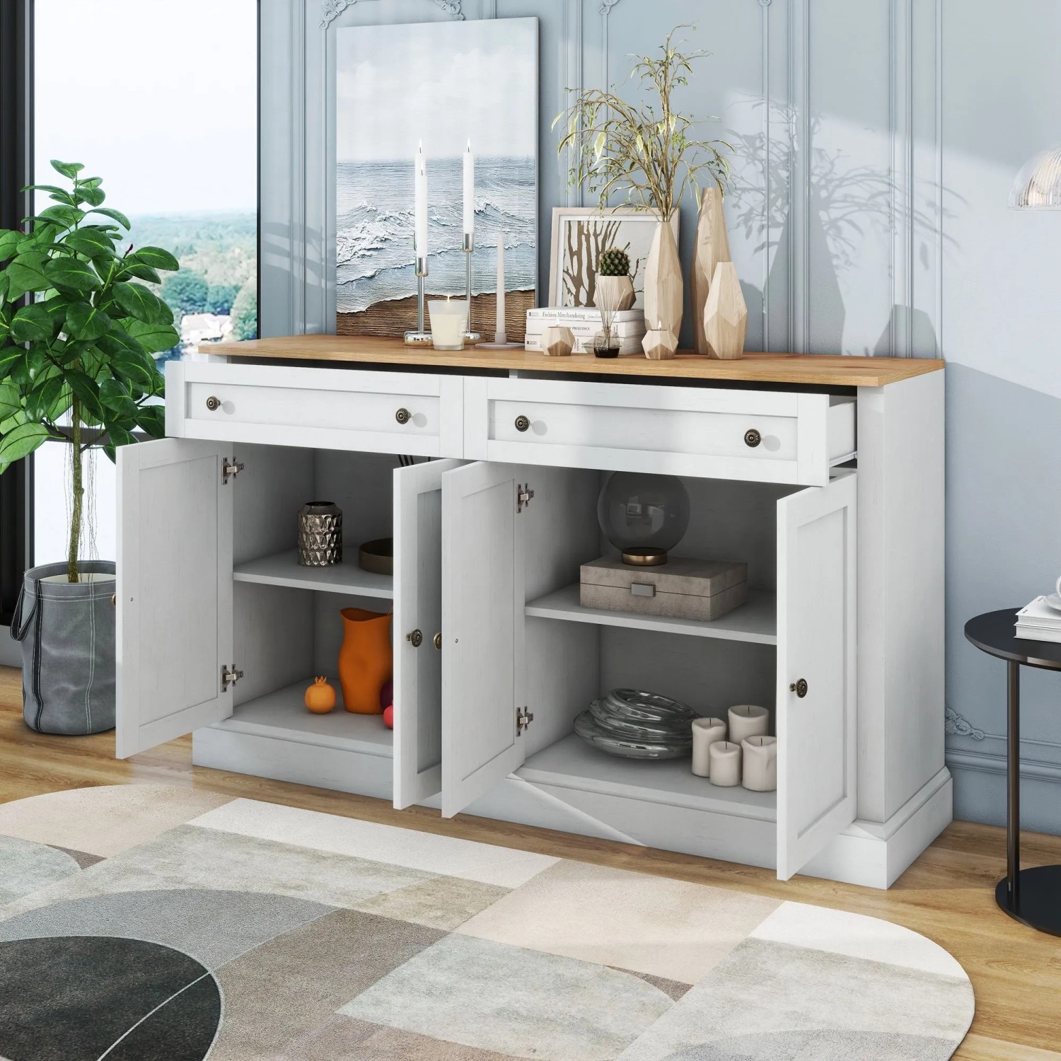 okwish Sideboard mit 4 Türen 2 Schubladen Esszimmer 150x40x86cm Natur_4