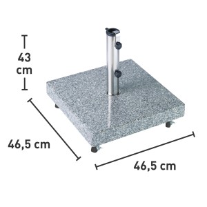 Quadratischer, grauer Schirmständer Denia aus Granit, 38,5 kg, mit Rollen und Edelstahl-Rohr.