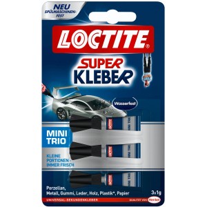 Loctite Superkleber MiniTrio, 3x1g Portionen. Flüssiger, transparenter Kleber für verschiedene Materialien.