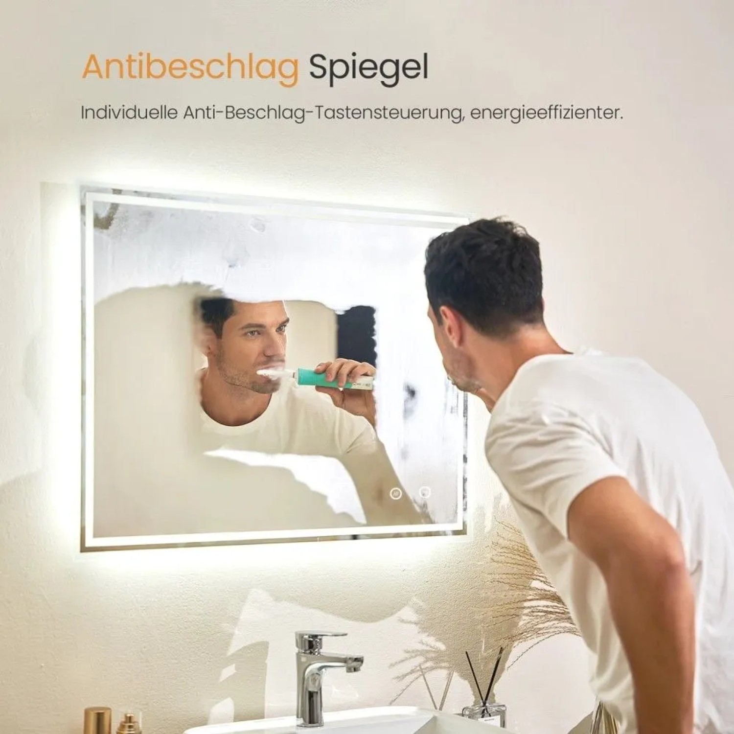 Emke LED-Badspiegel 100x60 cm mit Anti-Beschlag-Funktion. Klares Spiegelbild trotz Dampf, ideal für Badezimmer.
