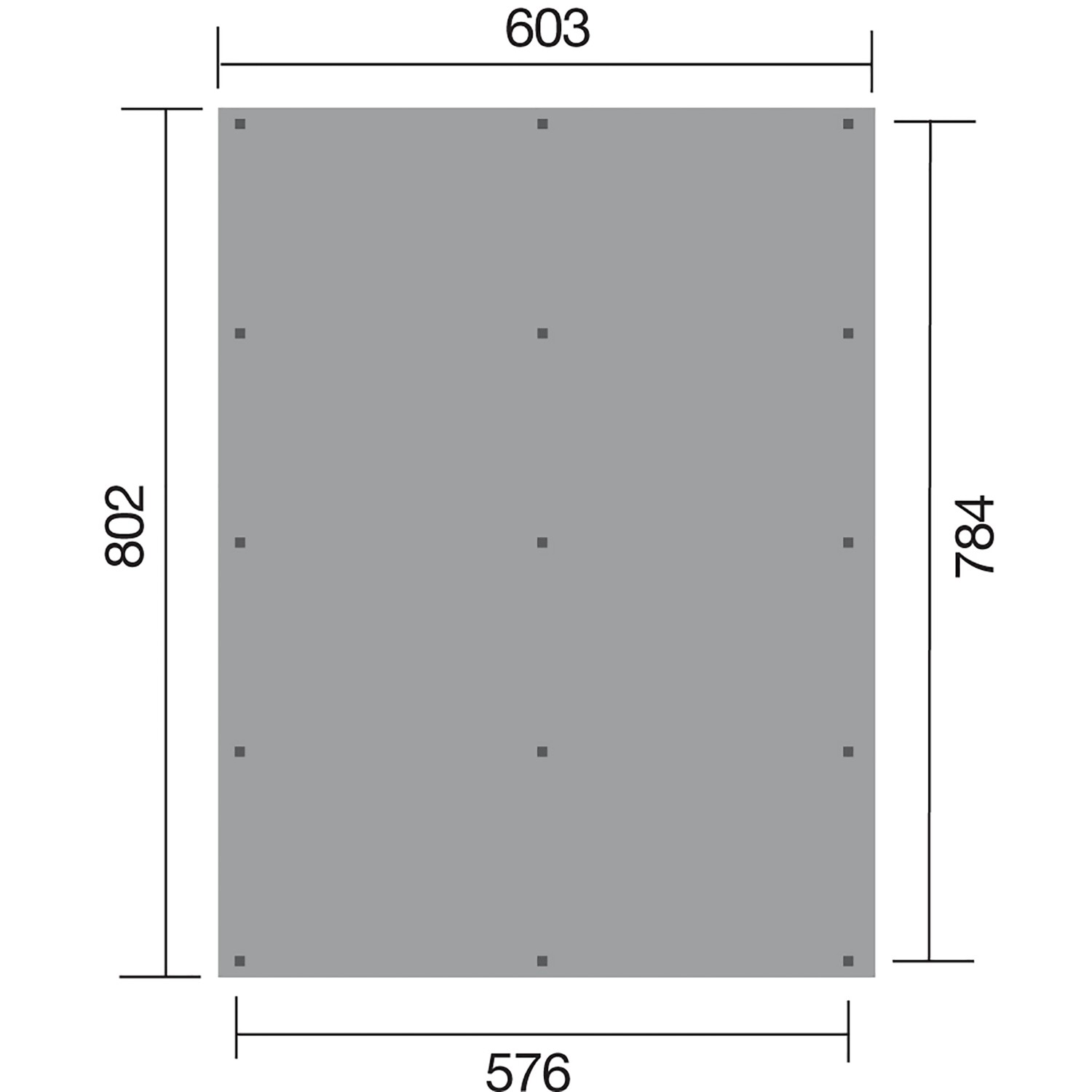 Skizze des Weka Flachdach-Doppelcarports 618 Gr. 3, Maße 603x802cm, ohne Dachplatten.