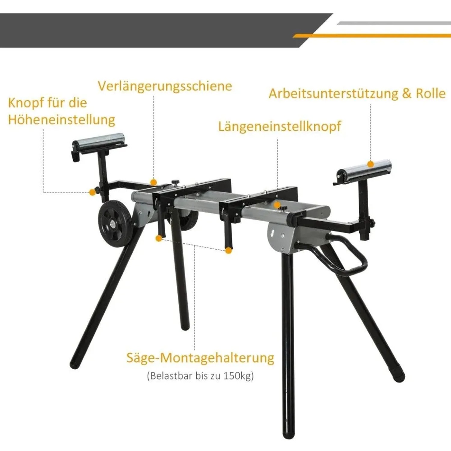 DURHAND Arbeitstisch für Kapp- und Gehrungssägen, schwarz-silber, klappbar, mit Rollen und 150kg Tragkraft.