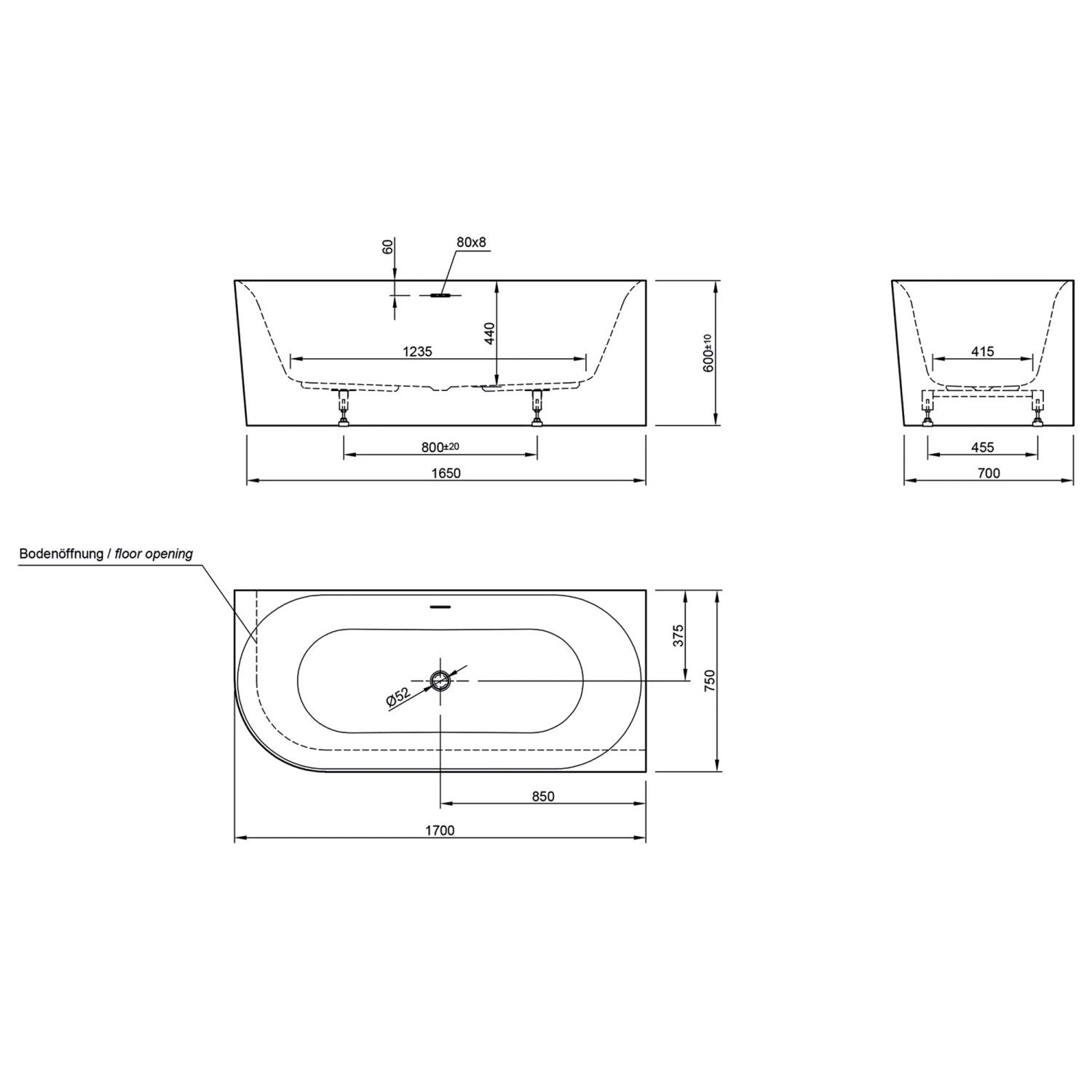 Technische Zeichnung der Ottofond Badewanne Mince Corner Links, 170 cm, mit Maßangaben.