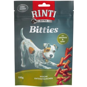 Rinti Bitties Hunde-Snacks Ente mit Ananas & Kiwi, 100g Packung. Getrocknete Natursnacks für Hunde.