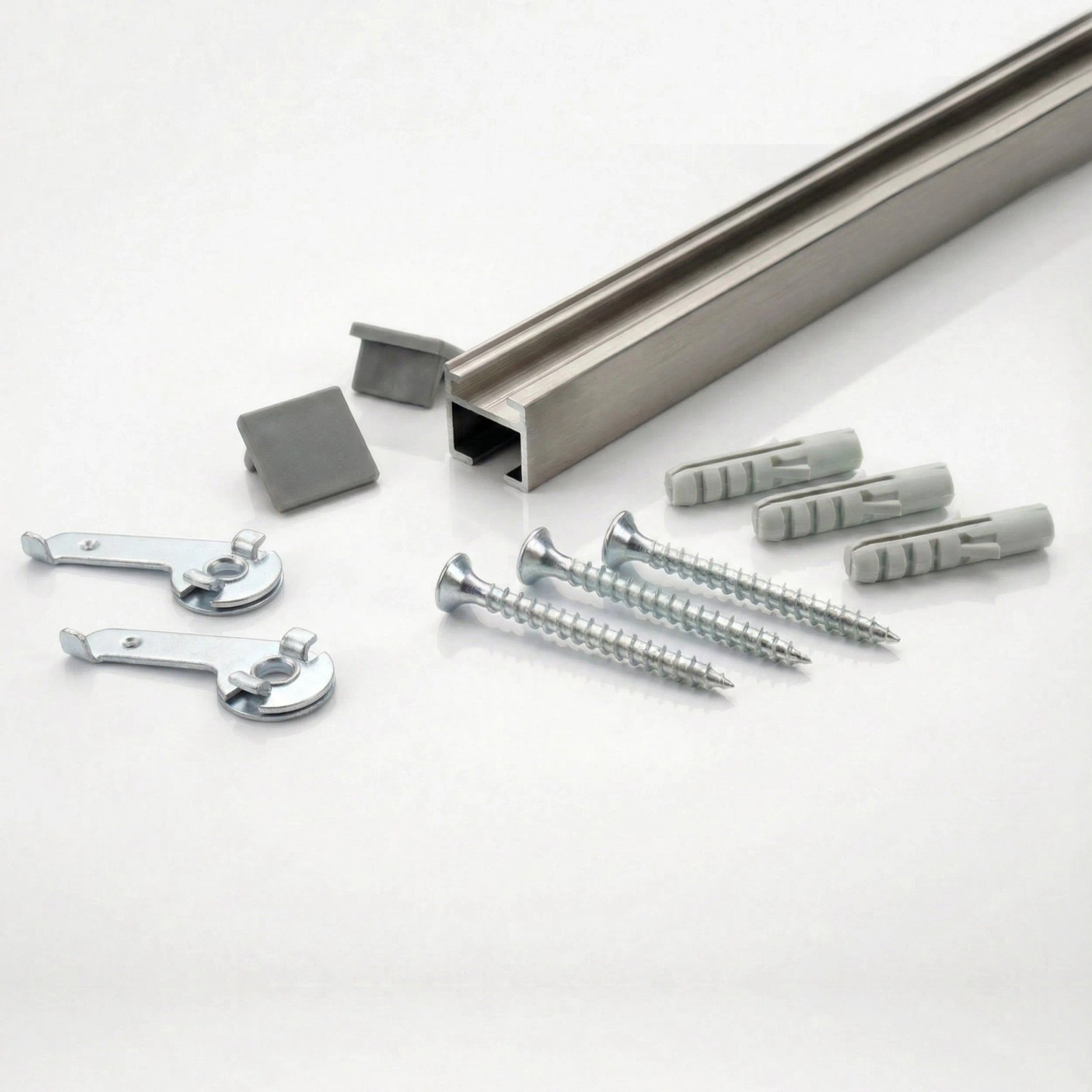 Deco-Raum Gardinenschiene Square Edelstahl-optik: Schiene, Endkappen, Spannriegel, Schrauben, Dübel für Montage.