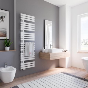 Schulte Design-Heizkörper Breda, 718 W, Alpinweiß im modernen Bad.