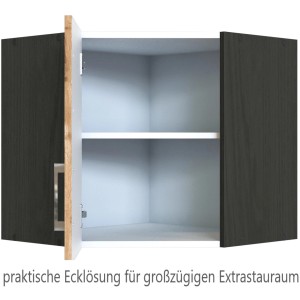Offener Eckhängeschrank Sorrento in Wotaneiche-Grafit mit Einlegeboden und Metallgriff.