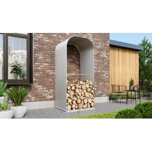 Vitavia Kaminholzregal Ardor 858 hoch aus Zinkalum, gefüllt mit Holzscheiten.