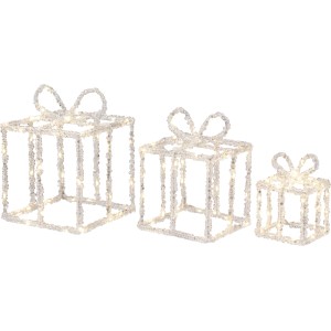 Drei leuchtende Acryl Geschenkboxen mit warmweißen LEDs in verschiedenen Größen. Ideal als Weihnachtsfigur für Außenbereiche.