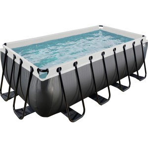 Rechteckiger Exit Black Leather Pool 400x200x122 cm mit Stahlrahmen, Filterpumpe und schwarzem Leder-Design.