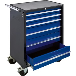 Blauer LUX Werkstattwagen Comfort mit 109-teiligem Werkzeugset und Schubladen.