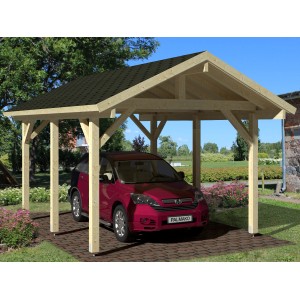 Palmako Carport Robert aus Holz, naturbelassen, mit Auto. Einzelcarport für 1 PKW.