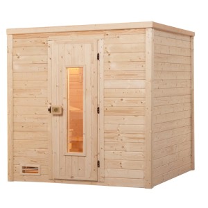 Weka Massivholzsauna Bergen 2 Sparset mit Holztür und 7,5 kW BioS Ofen.