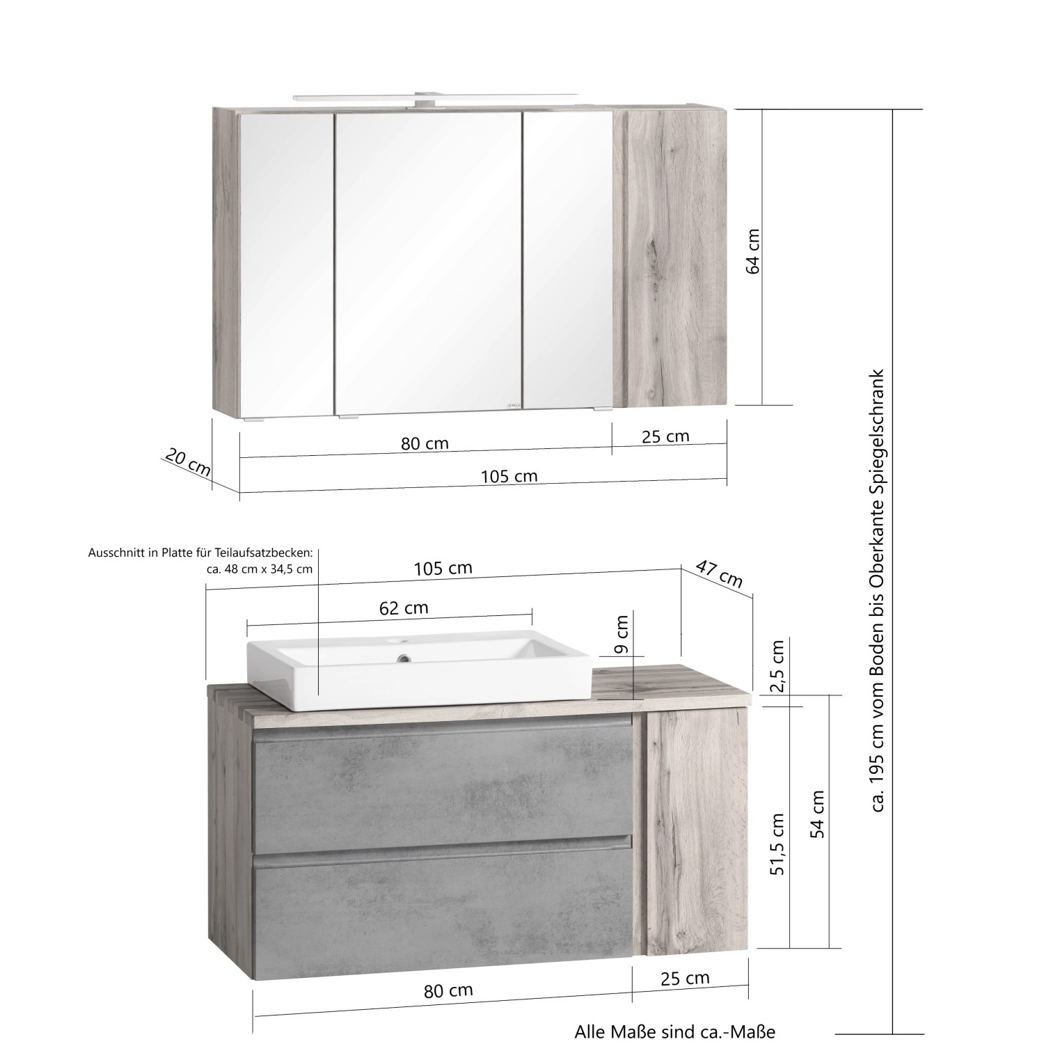 Held Möbel Waschtisch-Set Ancona, 105 cm, Weiß-Wotaneiche mit Aufsatzbecken links und Spiegelschrank.
