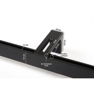 Schwarze Gardinenschiene Loft aus Aluminium mit Wandträger und detaillierten Maßen.