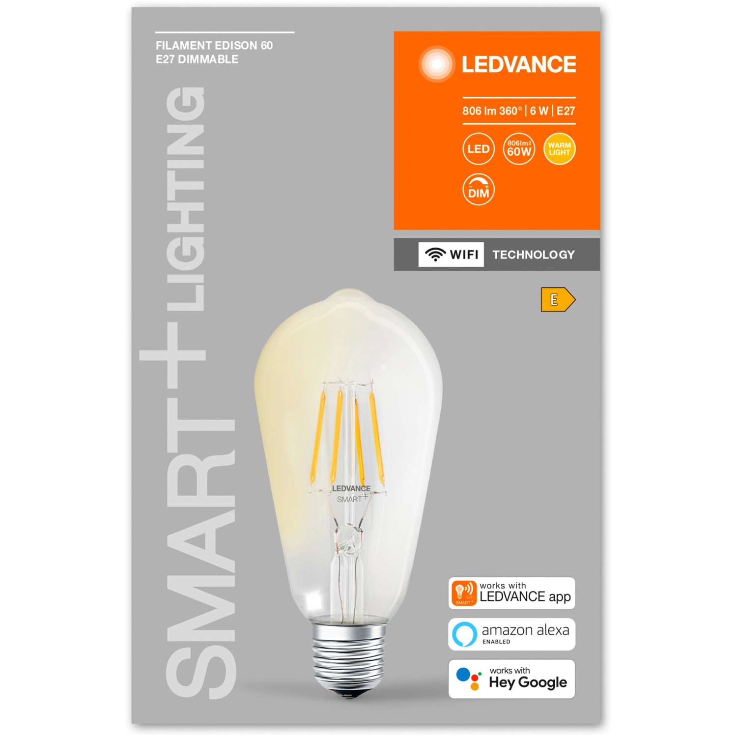 Ledvance Smart+ Filament Edison E27, 6W, dimmbar, mit WiFi-Technologie.