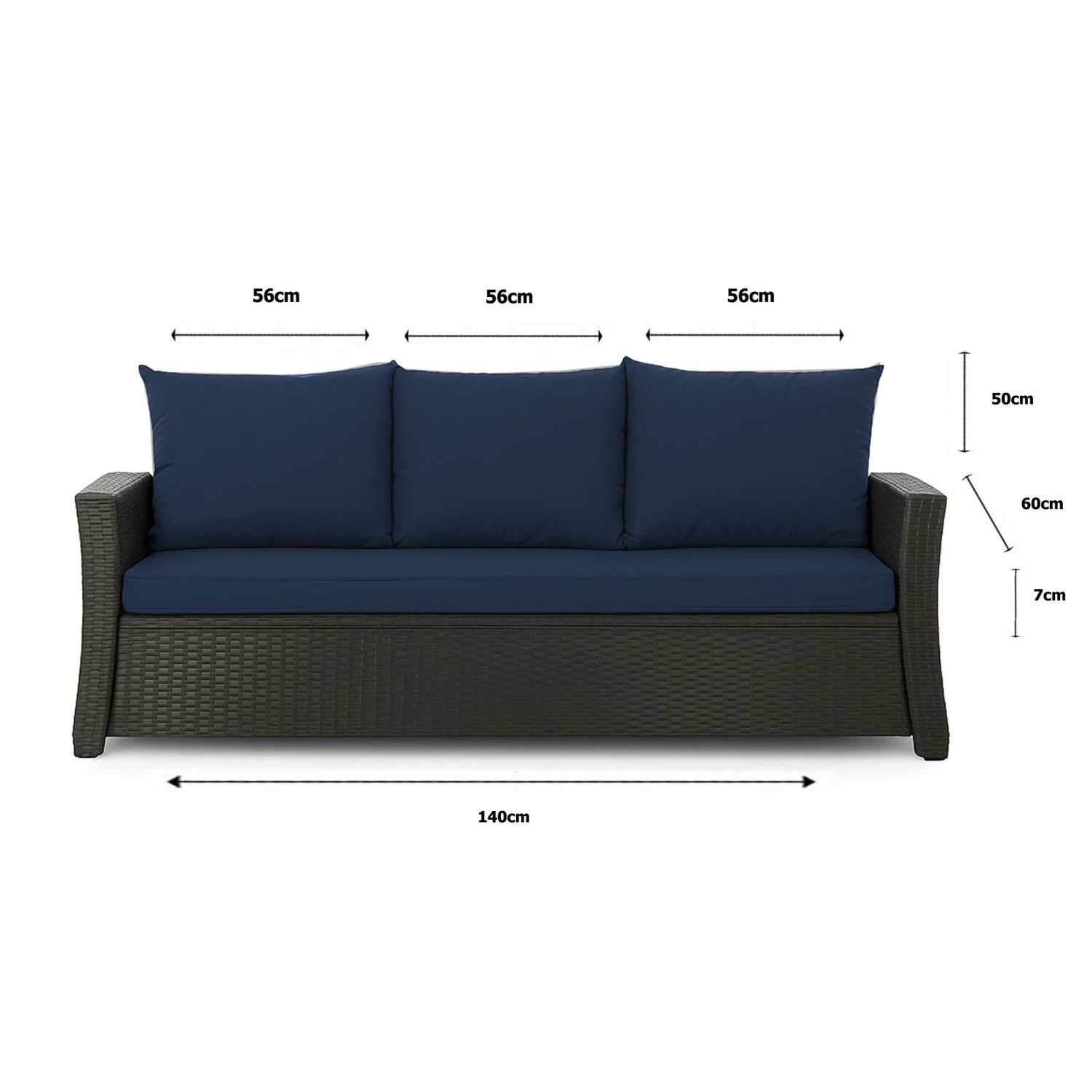 Marineblaues Gartenkissen-Set für 3-Sitzer Polyrattan-Gartensofa, 140x60x50 cm.