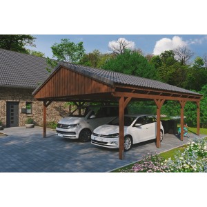 Skan Holz Doppelcarport Fichtelberg Nussbaum mit Dachlattung und zwei parkenden Autos.