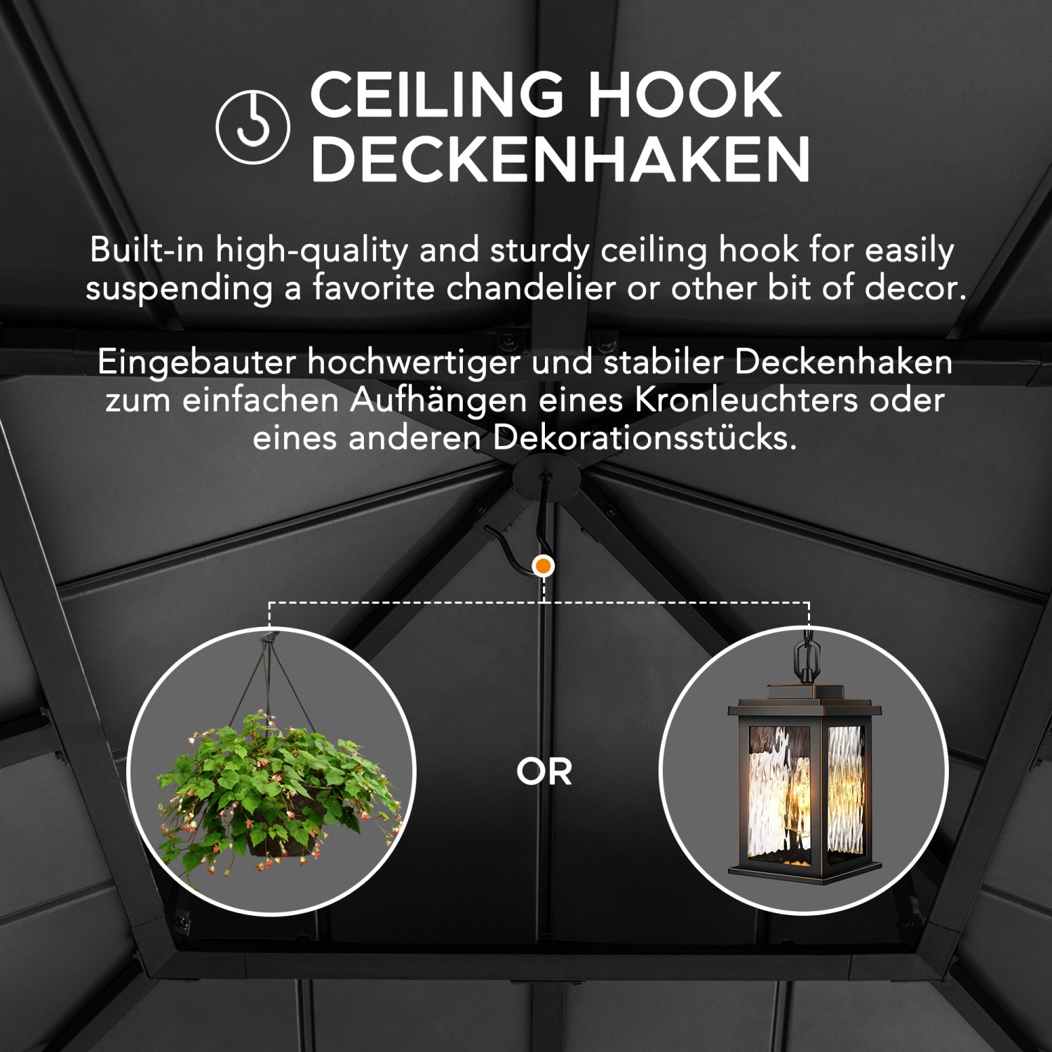 Deckenhaken im Sunjoy Zedernholz Pavillon für Hängeleuchte oder Deko.