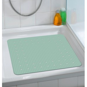 Quadratische, mintfarbene Wenko Duscheinlage Mirasol mit Noppenstruktur und Saugnäpfen in Dusche.