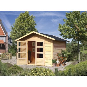 Karibu Holz-Gartenhaus Tessin 2 Natur, 300x300 cm, mit Doppeltür und Boden im Garten.