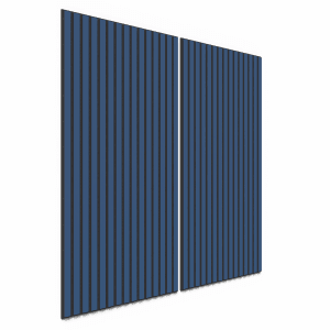 Zwei blaue Akustikpaneele Lino mit schwarzen Filzstreifen für Wand und Decke.