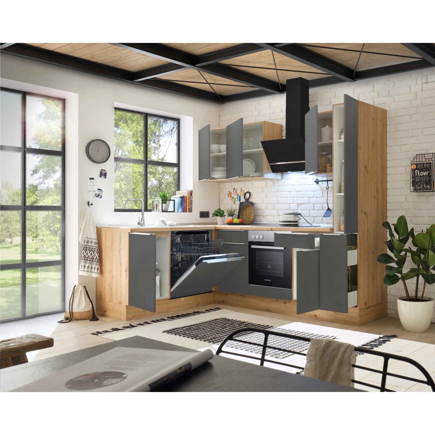 Respekta Winkelküche Marleen in Artisan-Eiche und Grau Matt mit E-Geräten.