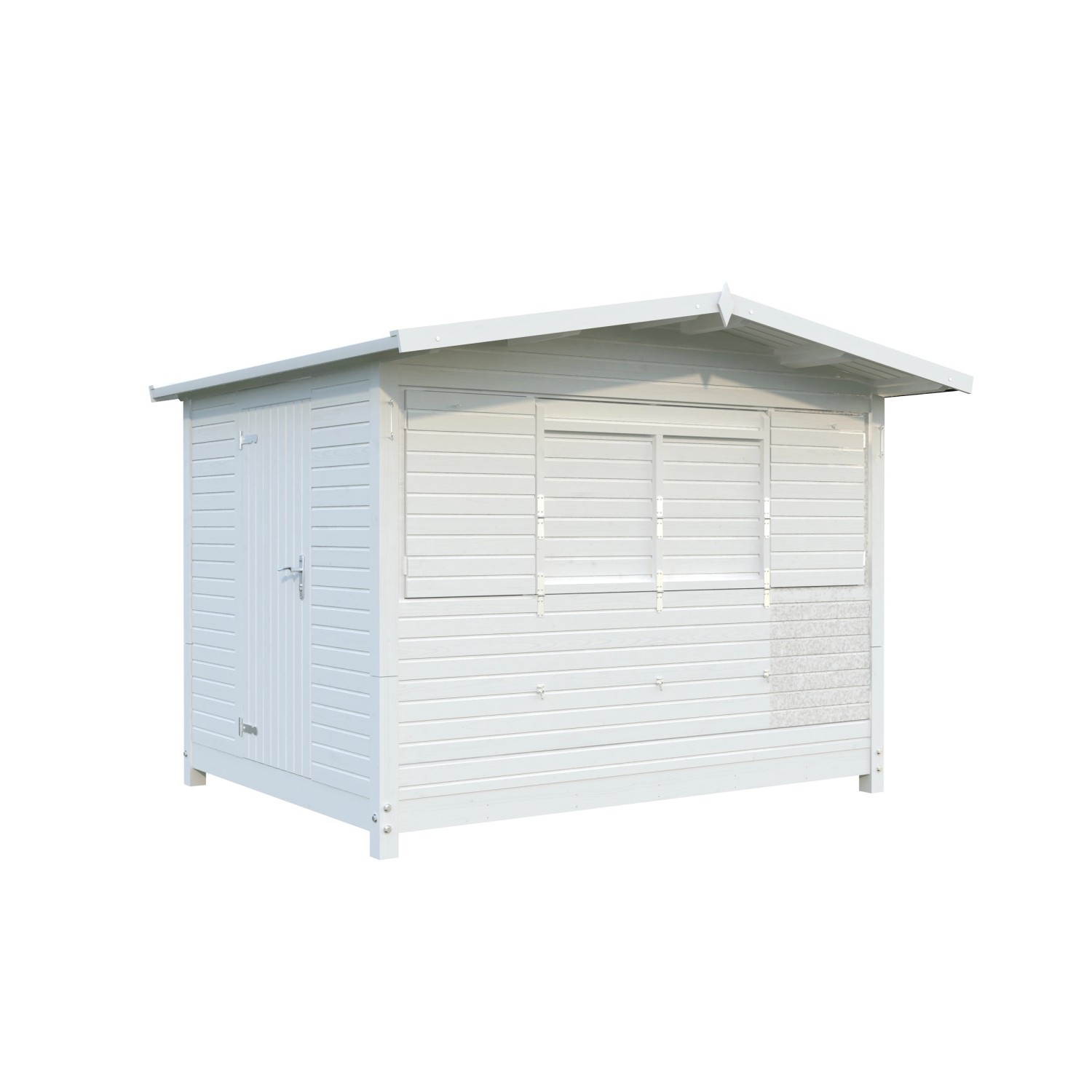 Weißer, klappbarer Palmako Marktstand Marian aus Holz, 298x228 cm, mit Tür und Fenster.