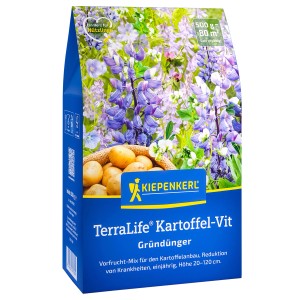 Kiepenkerl Gründünger TerraLife Kartoffel-Vital Mischung im blauen Beutel mit Kartoffeln und blühenden Pflanzen.