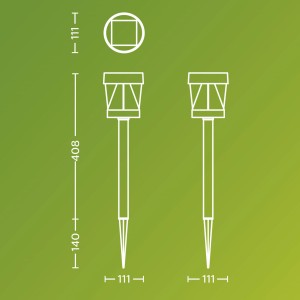 Abbildung der Philips Avery Solar Sockelspieß Gartenleuchte mit Maßen.