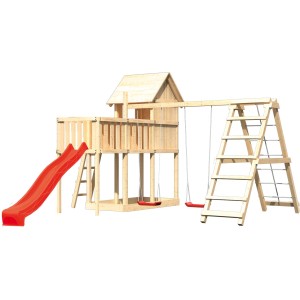 Karibu Stelzenhaus Frieda mit Doppelschaukel, Klettergarten, roter Rutsche und Plattform.