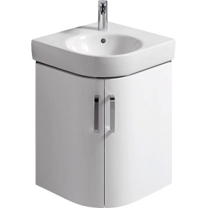 Geberit Waschbeckenunterschrank, weiß, 69 cm breit, mit zwei Türen und Aufsatzwaschbecken.