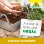 Neudorff Kokohum Blumenerde Brikett in Händen über einer Schale. Torffreie Erde für gesundes Pflanzenwachstum.