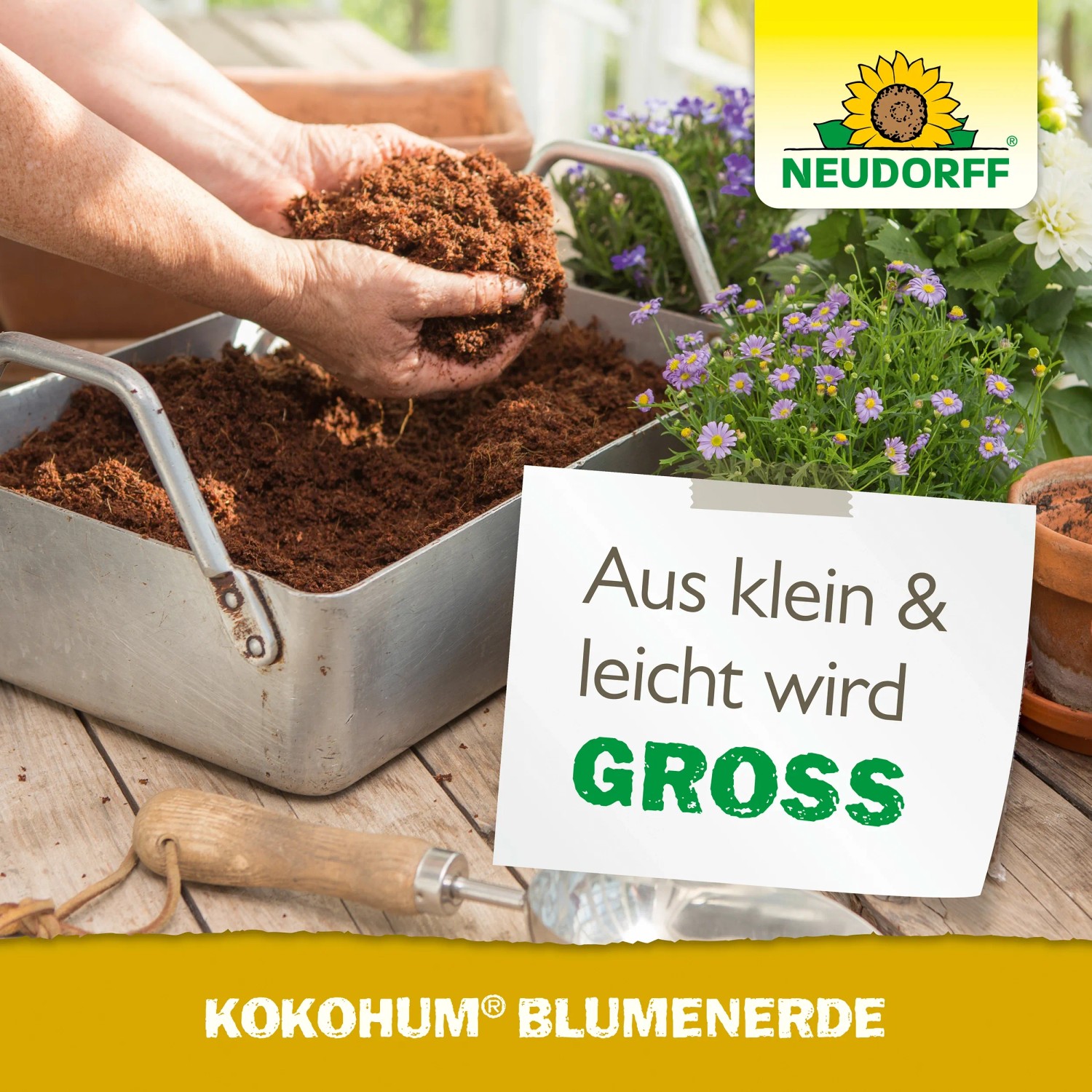 Neudorff Kokohum Blumenerde Brikett in Händen über einer Schale. Torffreie Erde für gesundes Pflanzenwachstum.