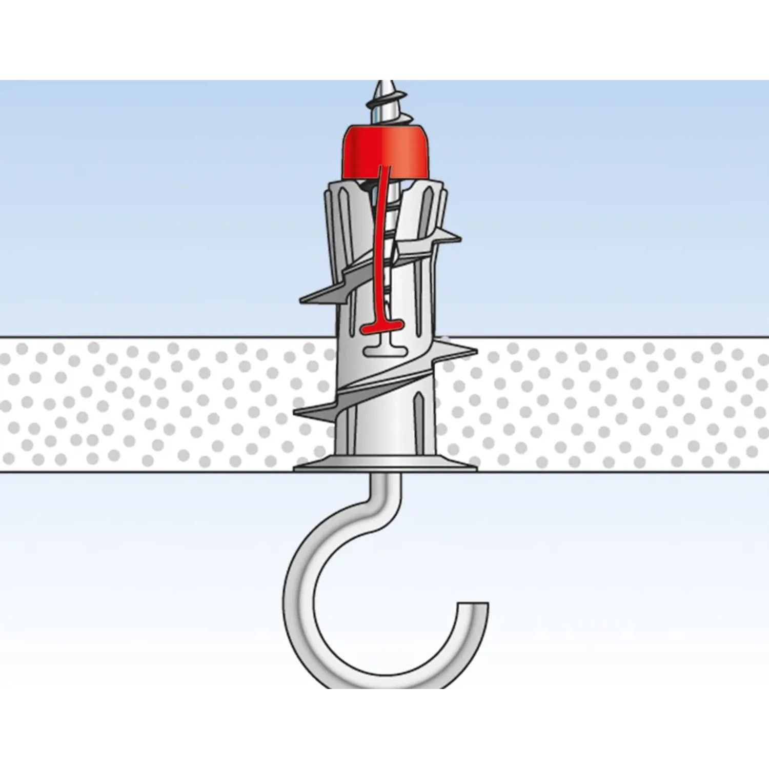 Fischer Duoblade Gipskartondübel mit Schraubhaken in Anwendung an Gipskartonwand.