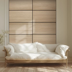 Wandpaneel Amadeo AkustikBoard Eiche Natur, 80x40cm, 3er Set, hinter Sofa an Wand montiert.