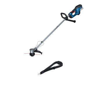Bosch Professional Akku-Rasentrimmer GRT 18V-33. Blauer Trimmer mit silbernem Schaft und schwarzem Schultergurt.