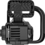 Detailaufnahme der schwarzen Litheli Akku-Kettensäge EGT050074 mit Griff und Kettenspannsystem.