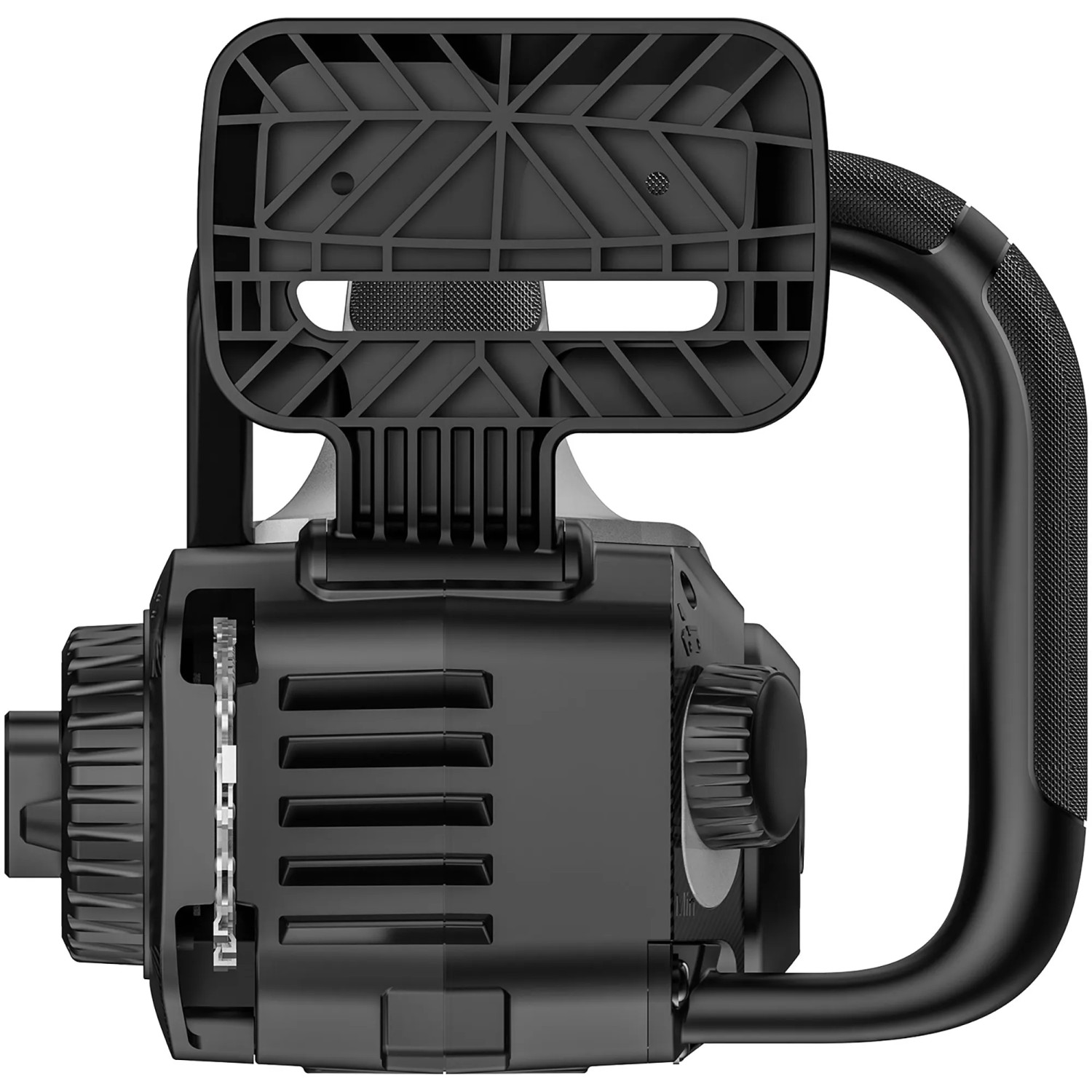 Detailaufnahme der schwarzen Litheli Akku-Kettensäge EGT050074 mit Griff und Kettenspannsystem.