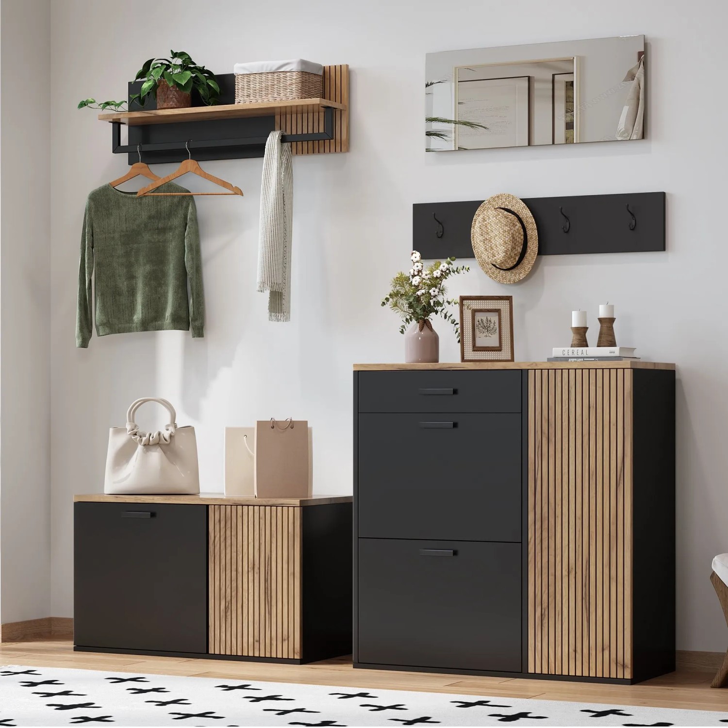 okwish Schuhschrank Set mit Spiegel Garderobe Flur 85x36x85cm Schwarz_2