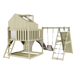 PolarPlay Babyschaukel Anika Altrosa: Spielturm mit Schaukel, Rutsche und Kletterwand aus Holz.