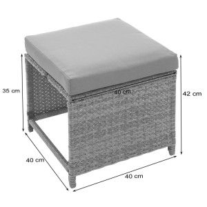 2er Set Poly-Rattan Hocker in Schwarz mit hellgrauem Kissen, Teil der Gartenstühle Kategorie.