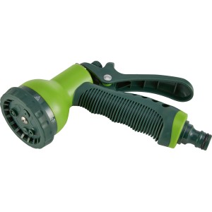 Grüne Multifunktionsbrause mit 7 Strahlvarianten für Gartenschlauch.