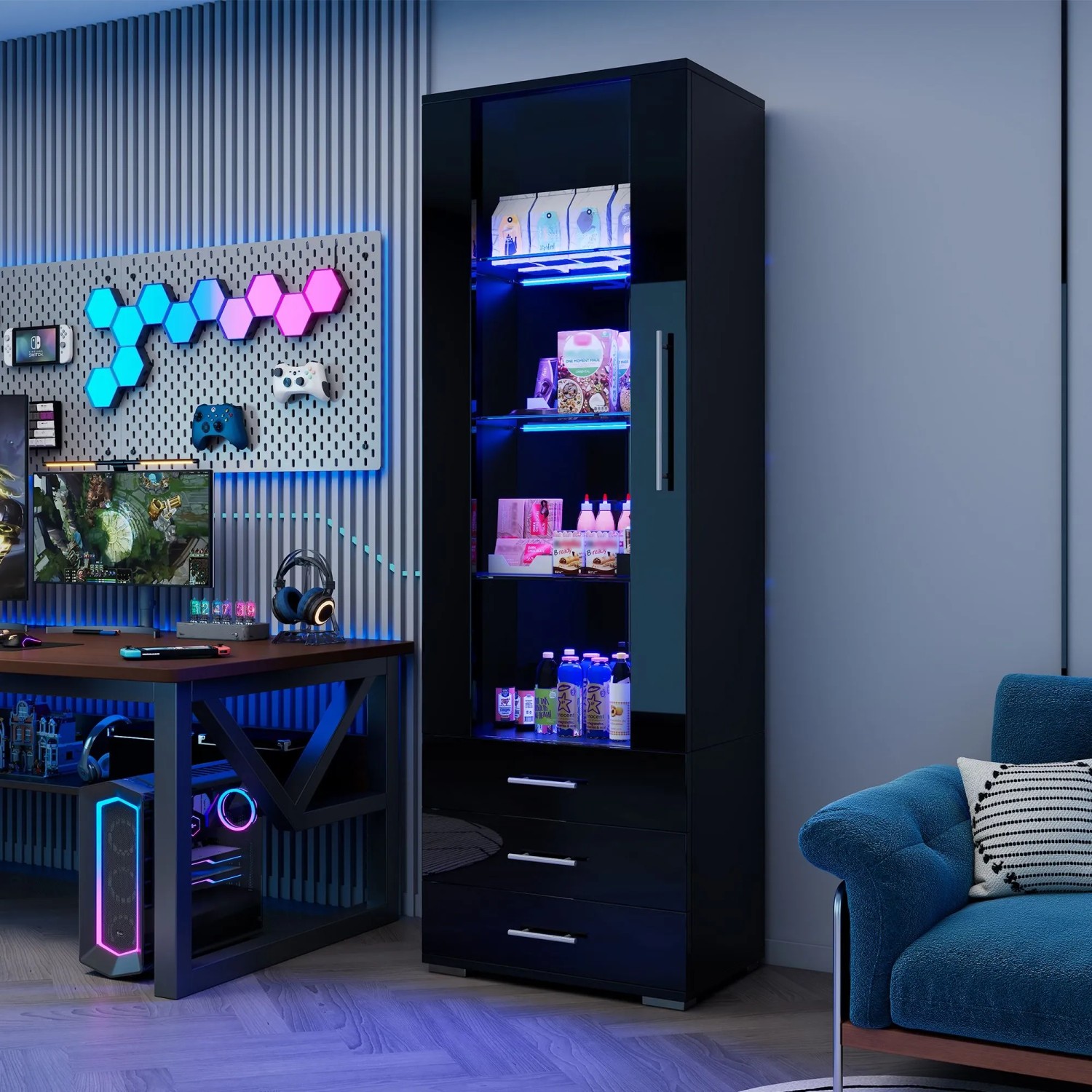 okwish Vitrine mit LED Beleuchtung Schubladen Glasvitrine Wohnzimmer 60x35x180cm Schwarz_6